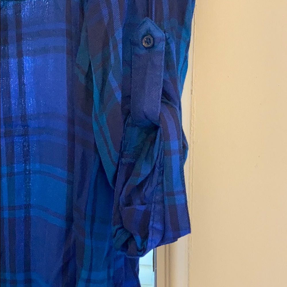 Faded Glory Blue Flannel Print 3/4 Sleeve Buttonup